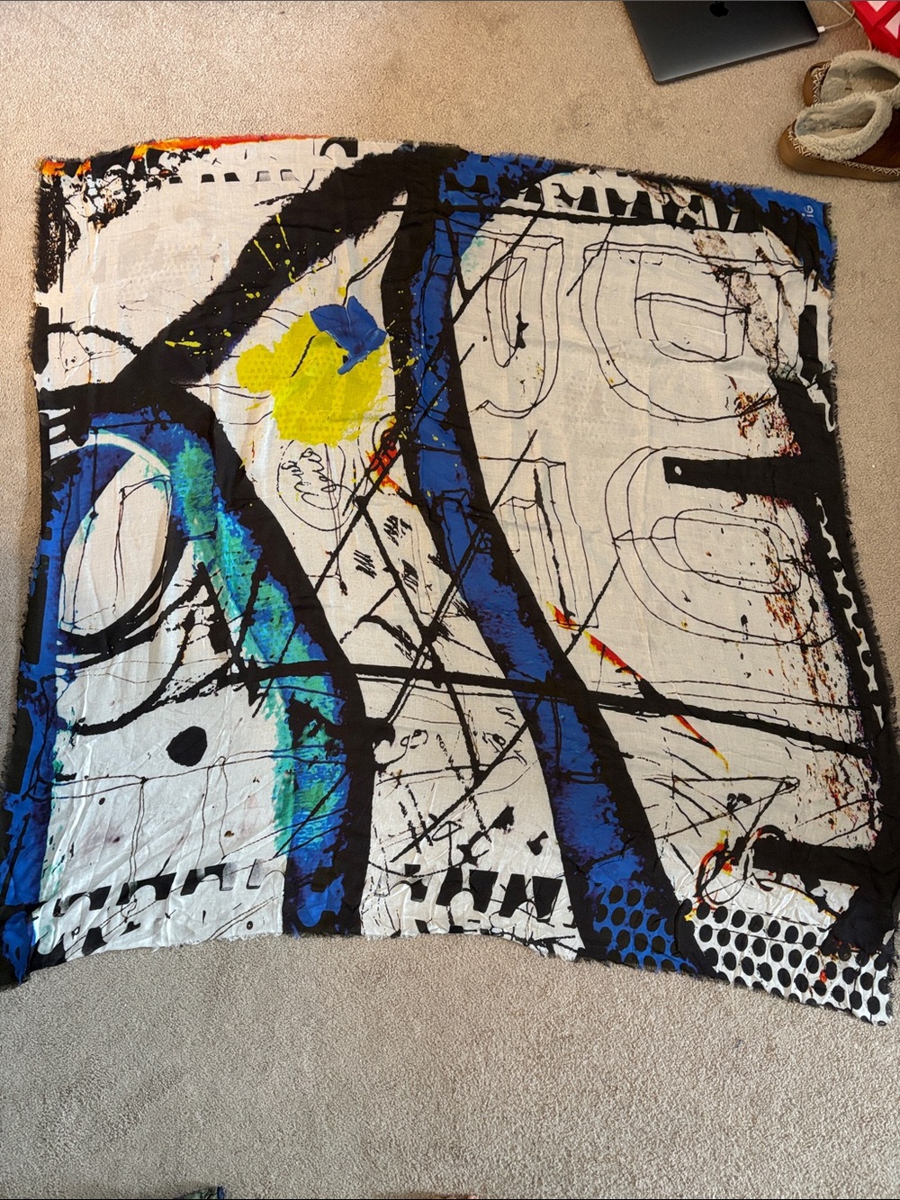 Abstract Blue & White Women's Scarf with Yellow Accent - Modern Art Wrap